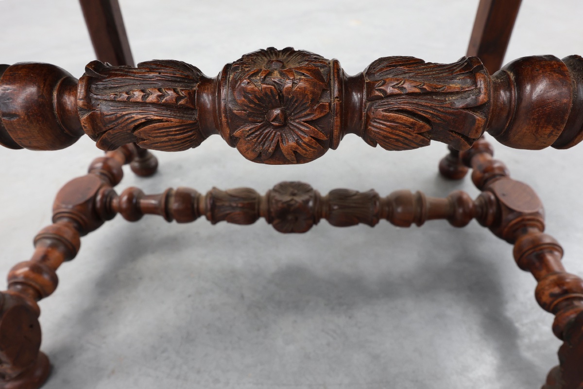 Louis XIII Walnut Stool With Carved Turned Stretchers And Upholstered Seat, France, 17th Centur-photo-1