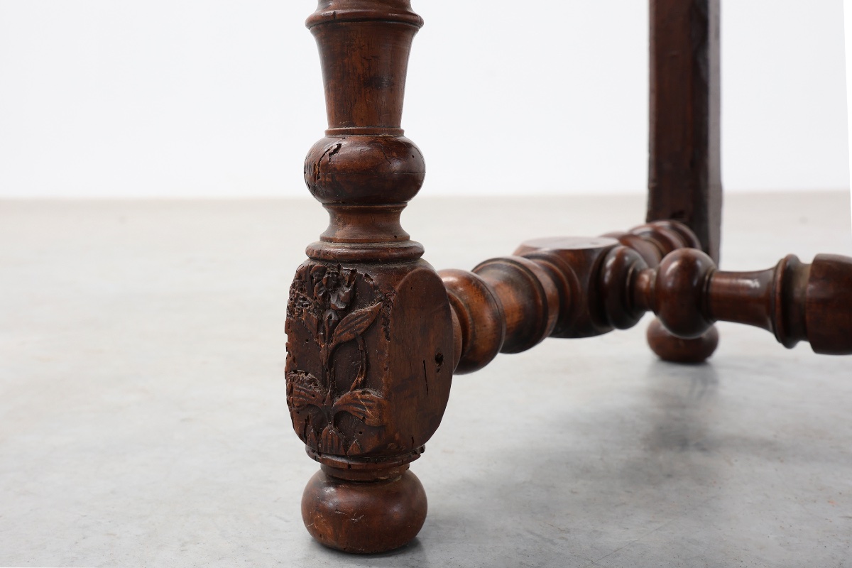Louis XIII Walnut Stool With Carved Turned Stretchers And Upholstered Seat, France, 17th Centur-photo-2