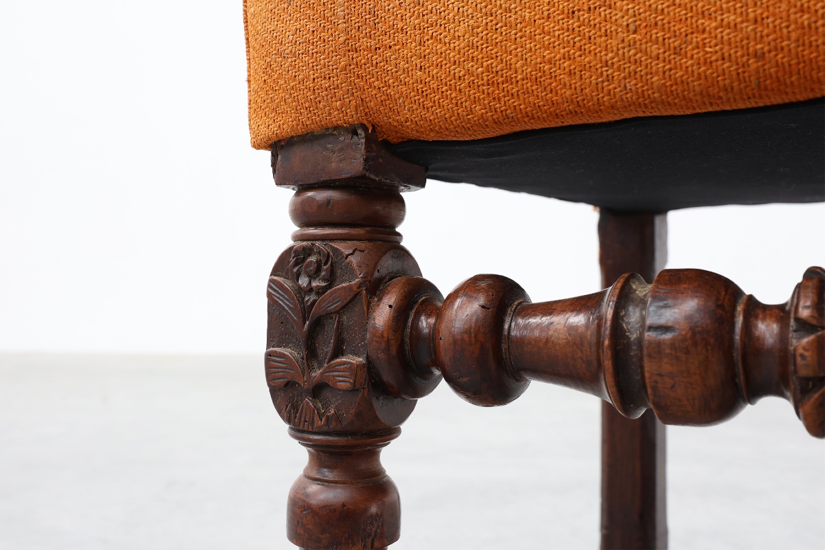 Louis XIII Walnut Stool With Carved Turned Stretchers And Upholstered Seat, France, 17th Centur-photo-4
