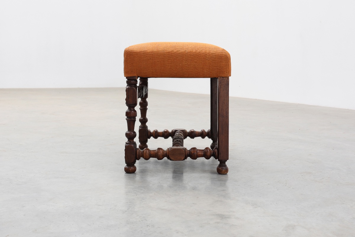 Louis XIII Walnut Stool With Carved Turned Stretchers And Upholstered Seat, France, 17th Centur-photo-7