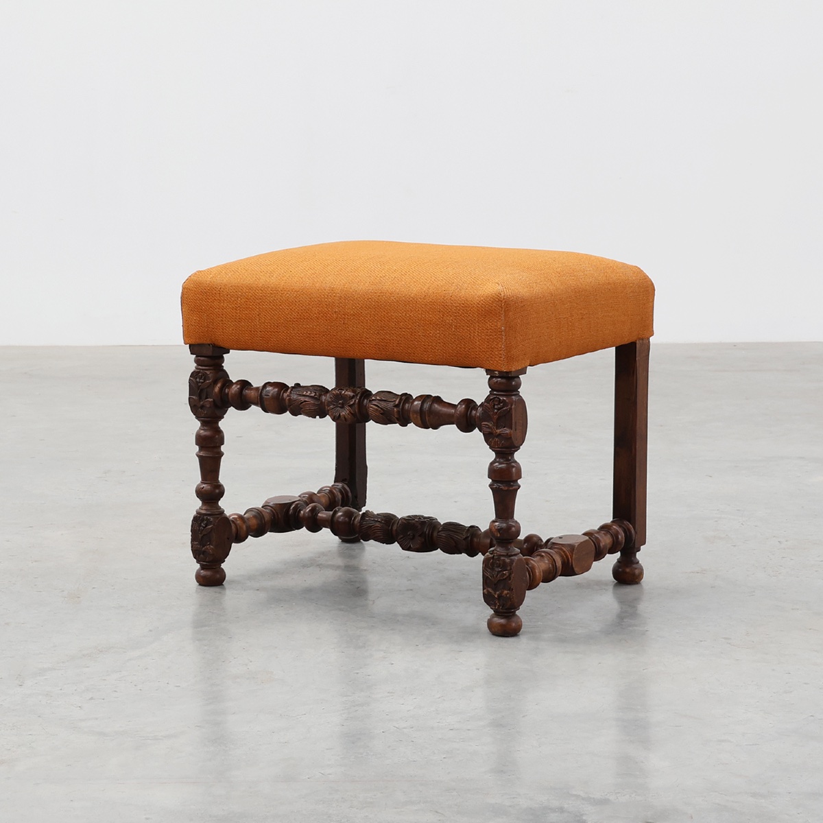 Louis XIII Walnut Stool With Carved Turned Stretchers And Upholstered Seat, France, 17th Centur