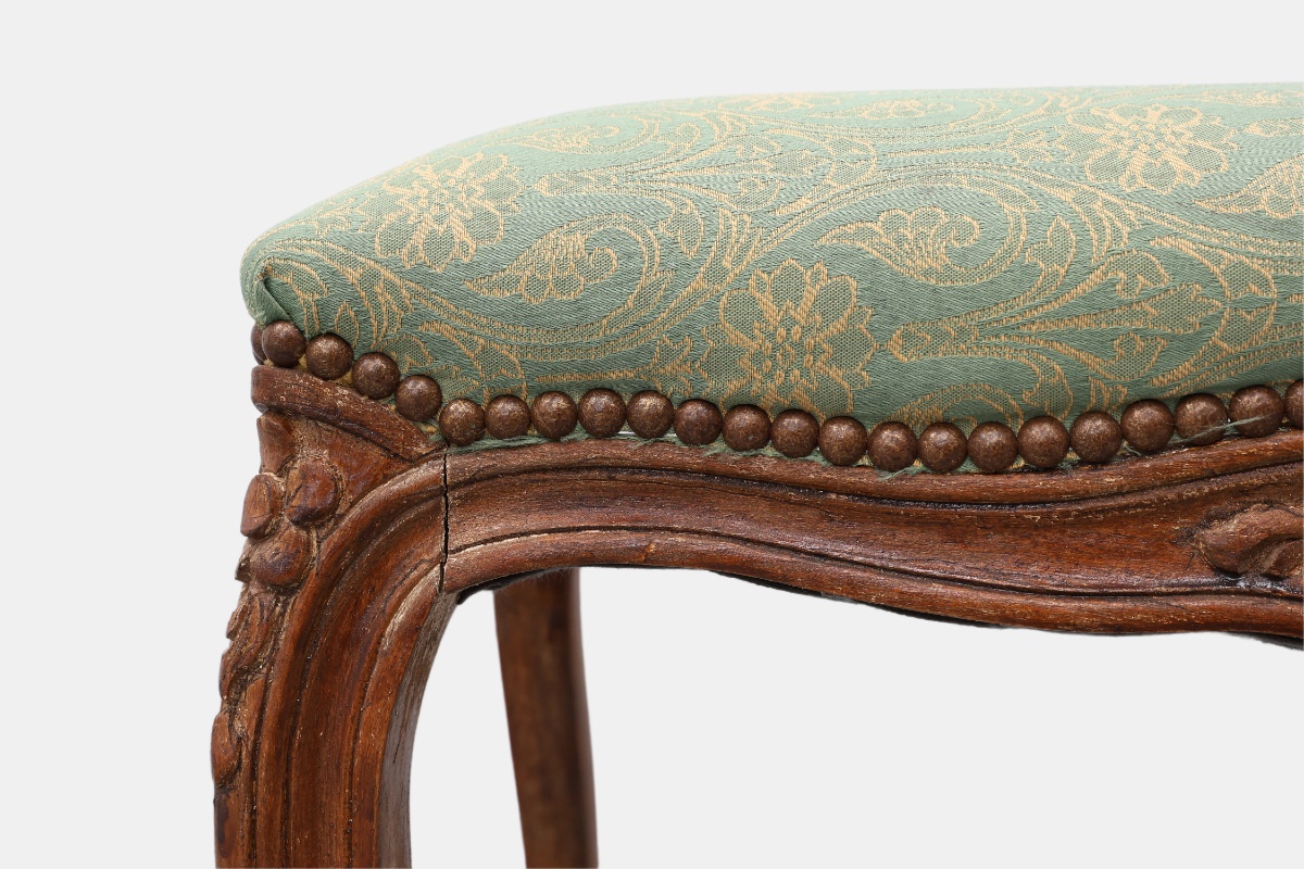 Louis XV Stool With Carved Floral Apron And Original Damask Upholstery, France Ca. 1900-photo-2