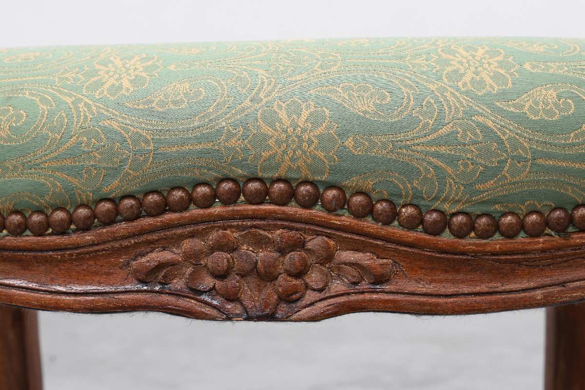 Louis XV Stool With Carved Floral Apron And Original Damask Upholstery, France Ca. 1900-photo-4