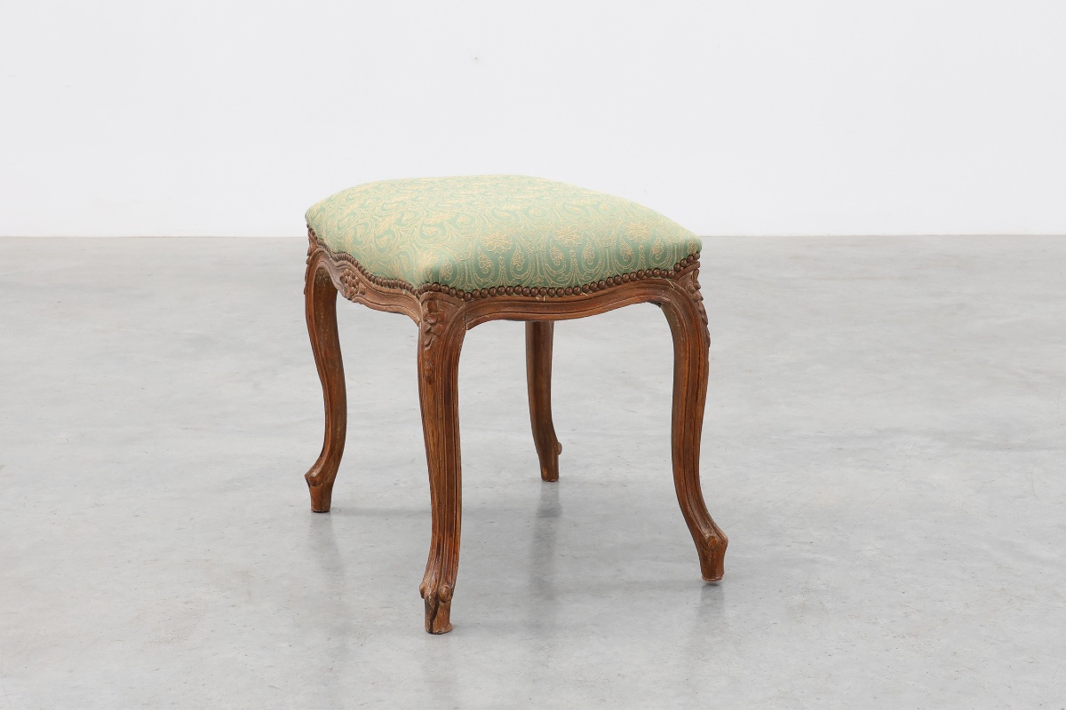 Louis XV Stool With Carved Floral Apron And Original Damask Upholstery, France Ca. 1900-photo-3