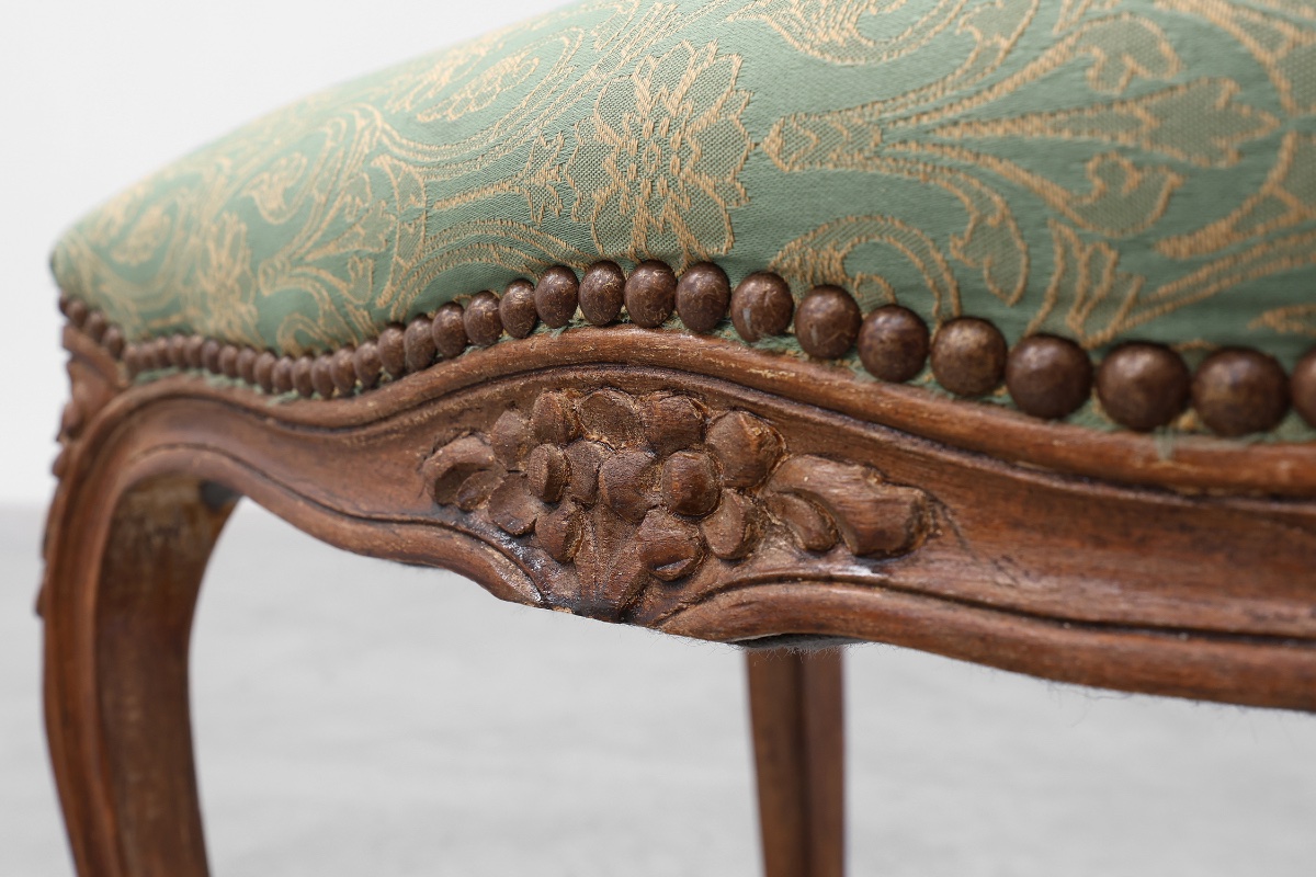 Louis XV Stool With Carved Floral Apron And Original Damask Upholstery, France Ca. 1900-photo-4
