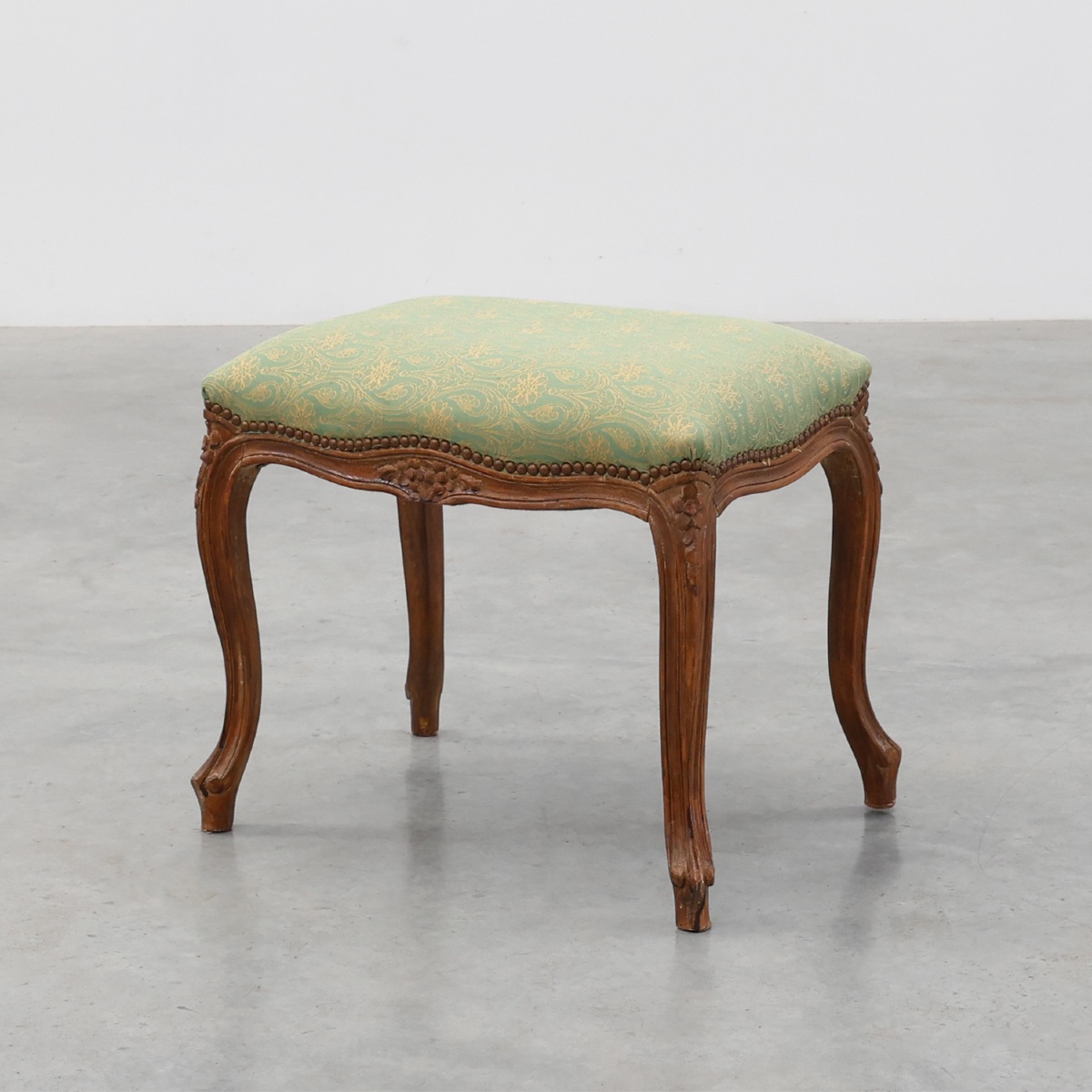 Louis XV Stool With Carved Floral Apron And Original Damask Upholstery, France Ca. 1900