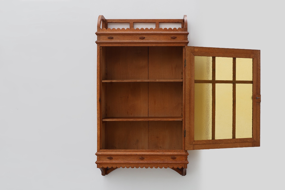 Art Deco Oak Wall Cabinet With Amber Glazed Door, Belgium Ca. 1925-photo-3