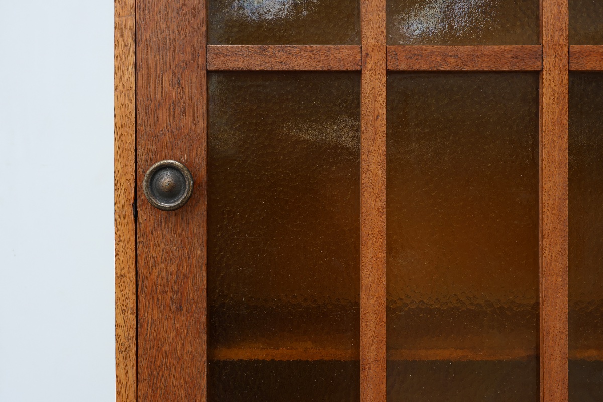 Art Deco Oak Wall Cabinet With Amber Glazed Door, Belgium Ca. 1925-photo-4