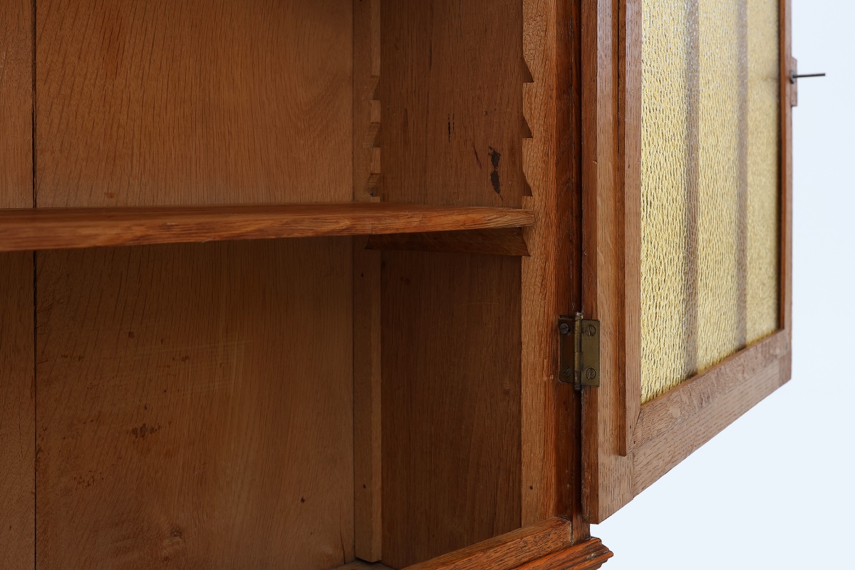 Art Deco Oak Wall Cabinet With Amber Glazed Door, Belgium Ca. 1925-photo-1