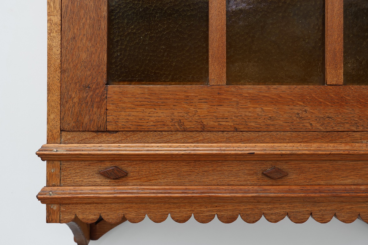 Art Deco Oak Wall Cabinet With Amber Glazed Door, Belgium Ca. 1925-photo-3