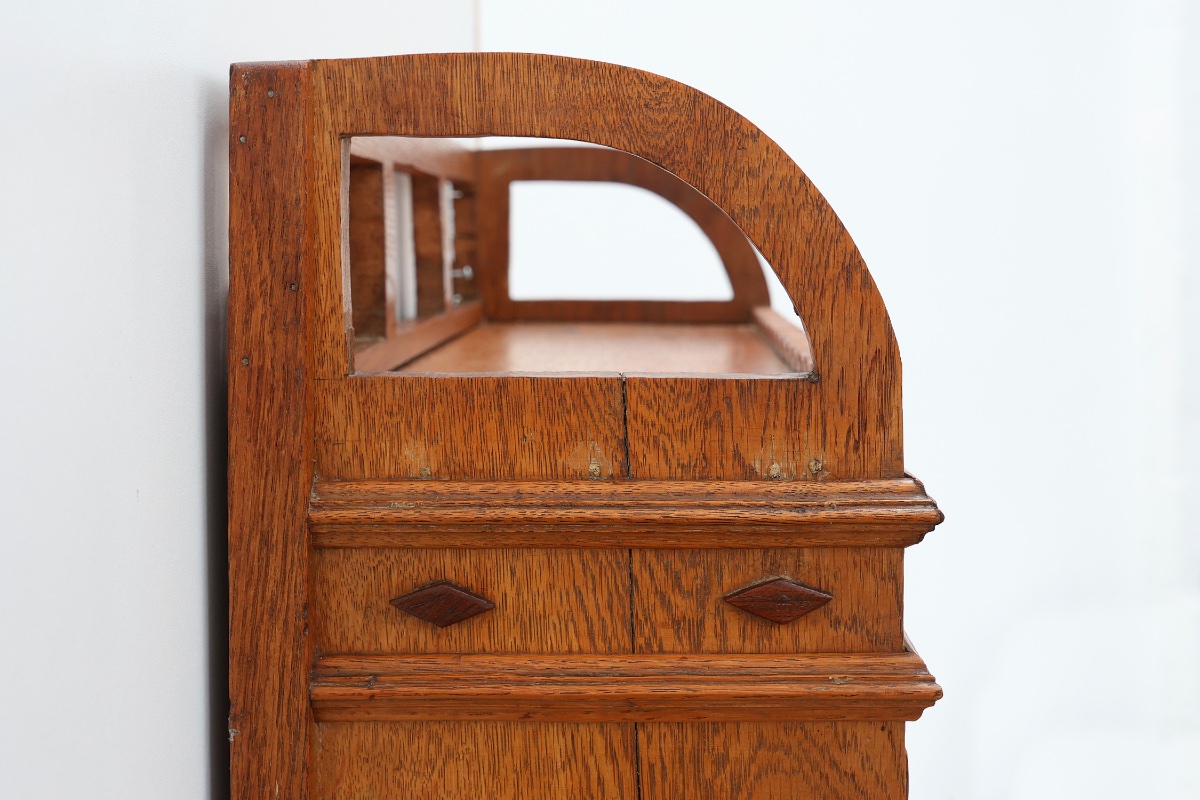 Art Deco Oak Wall Cabinet With Amber Glazed Door, Belgium Ca. 1925-photo-4