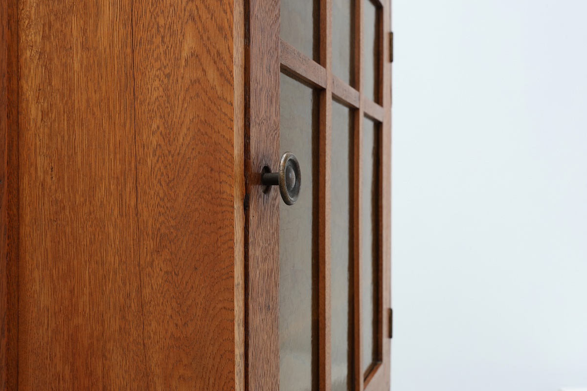 Art Deco Oak Wall Cabinet With Amber Glazed Door, Belgium Ca. 1925-photo-7