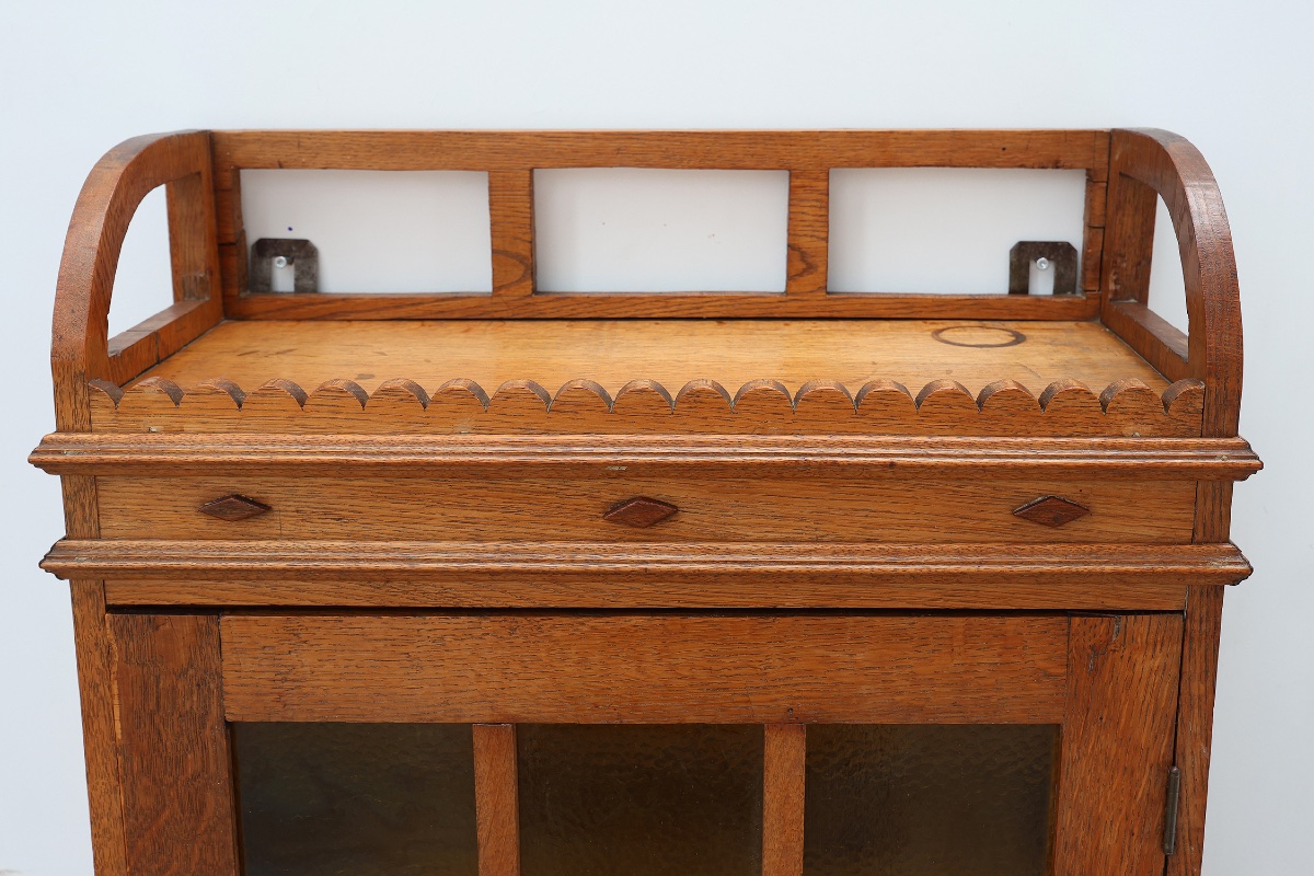 Art Deco Oak Wall Cabinet With Amber Glazed Door, Belgium Ca. 1925-photo-8