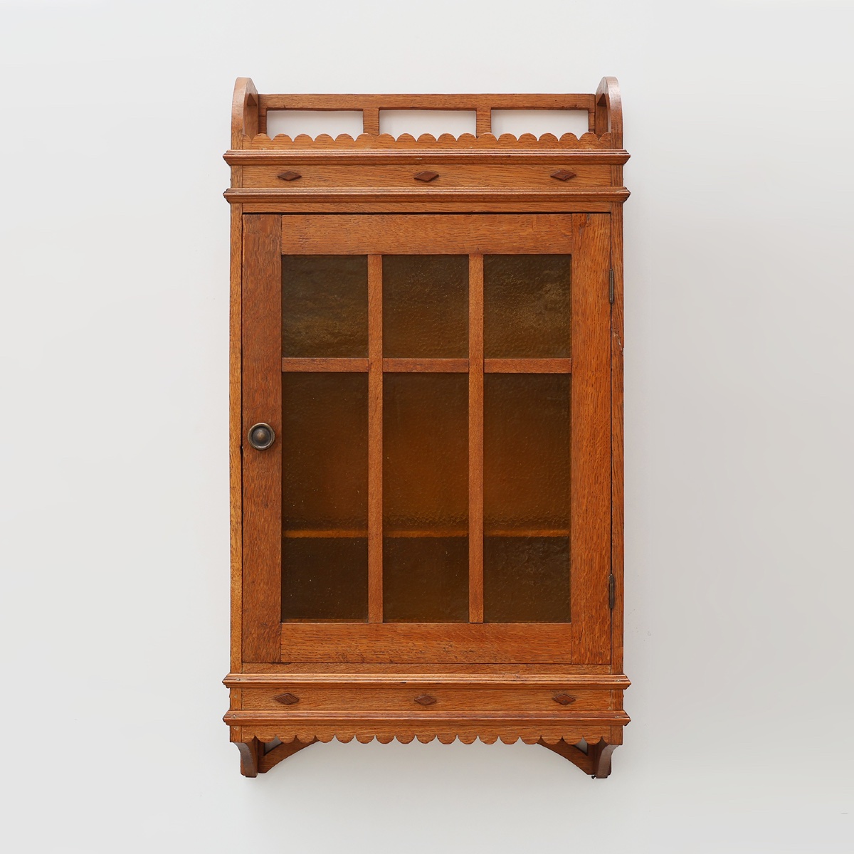 Art Deco Oak Wall Cabinet With Amber Glazed Door, Belgium Ca. 1925
