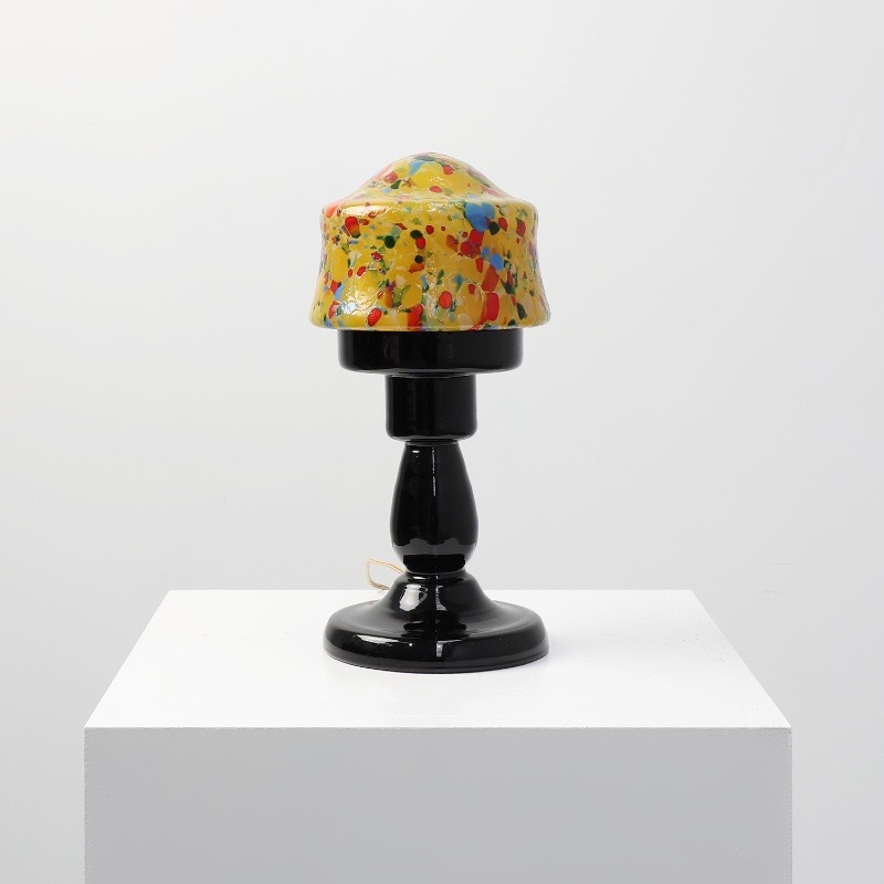 French Art Deco Table Lamp With Multicolored Spatter Glass Shade And Black Glass Base, 1920s