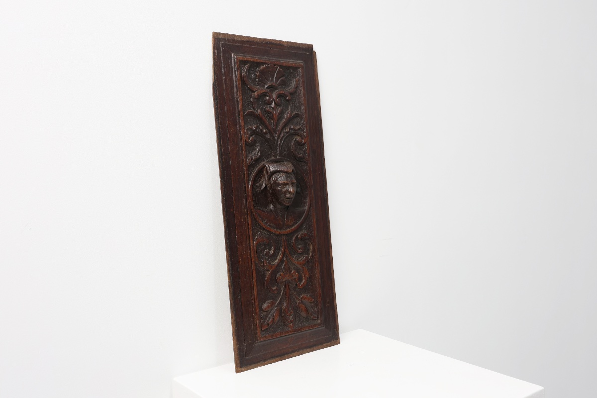 16th Century Flemish Renaissance Carved Oak Panel With Female Portrait Medallion-photo-5