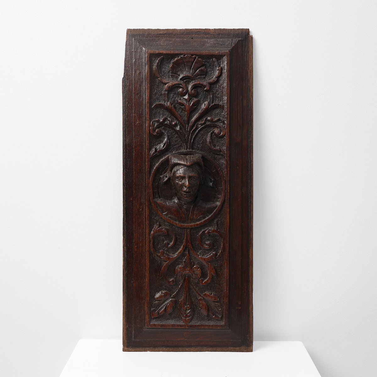 16th Century Flemish Renaissance Carved Oak Panel With Female Portrait Medallion