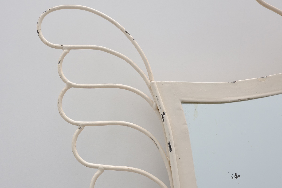 French White Lacquered Metal Mirror With Looped Wire Frame And Fan Crest, 1950s-photo-2