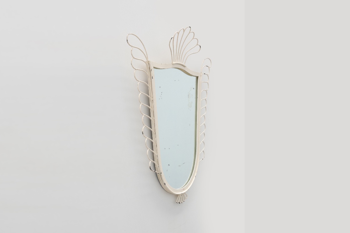 French White Lacquered Metal Mirror With Looped Wire Frame And Fan Crest, 1950s-photo-2