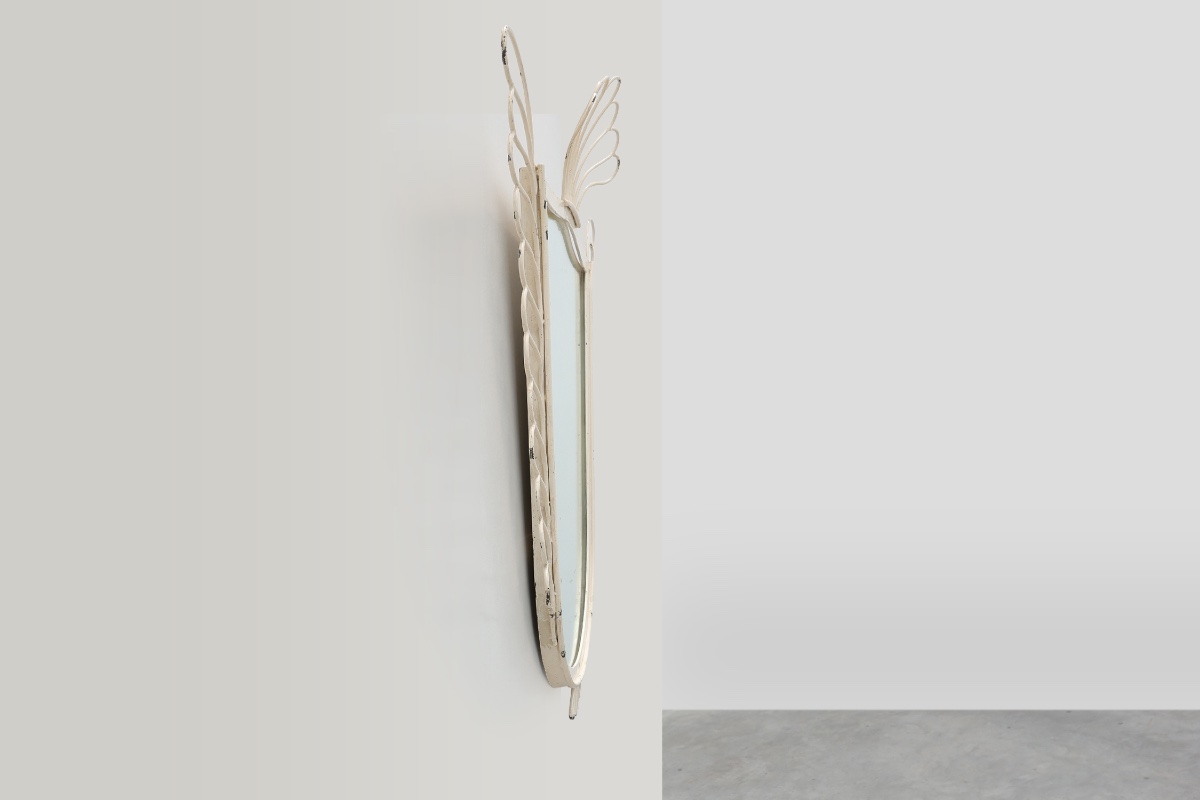 French White Lacquered Metal Mirror With Looped Wire Frame And Fan Crest, 1950s-photo-6