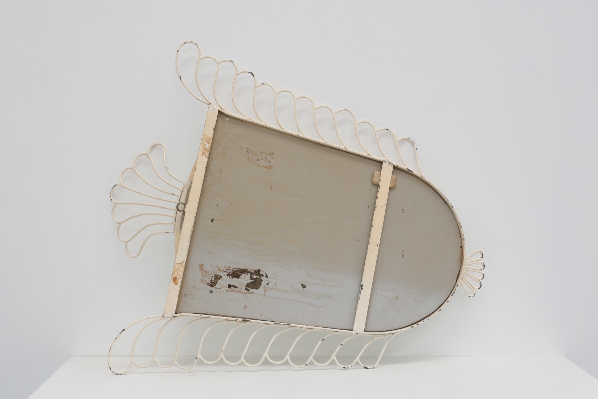 French White Lacquered Metal Mirror With Looped Wire Frame And Fan Crest, 1950s-photo-7