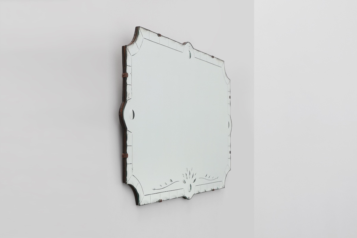 French Venetian Style Frameless Mirror With Engraved Floral Motif, Circa 1920-photo-2