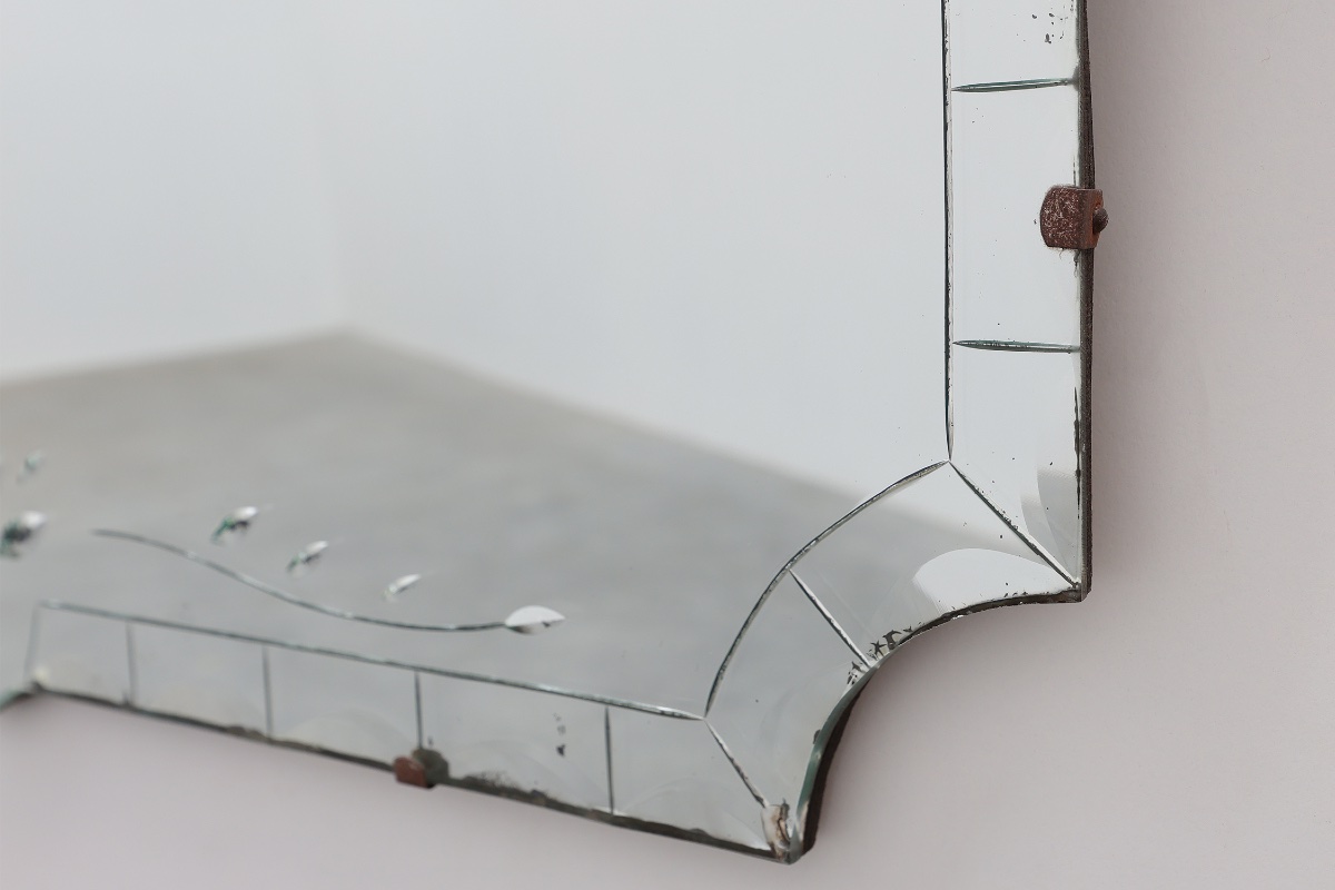 French Venetian Style Frameless Mirror With Engraved Floral Motif, Circa 1920-photo-3