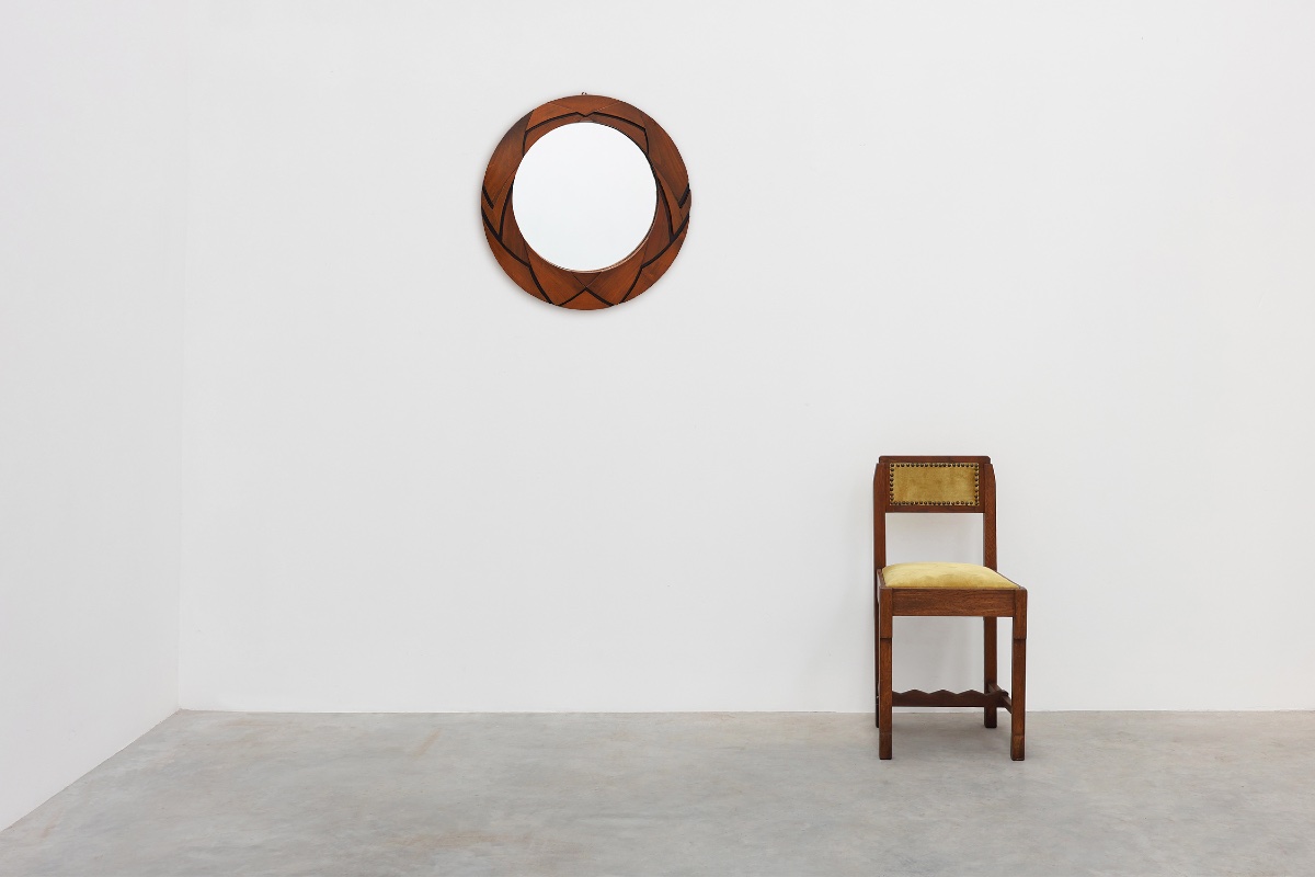 Belgian Art Deco Round Mirror With Geometric Wooden Frame, Circa 1920-photo-3