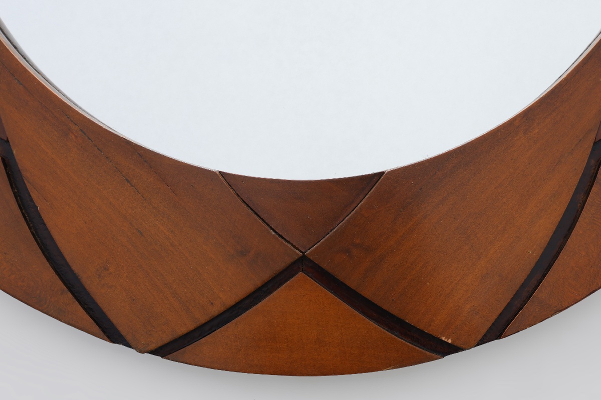 Belgian Art Deco Round Mirror With Geometric Wooden Frame, Circa 1920-photo-4