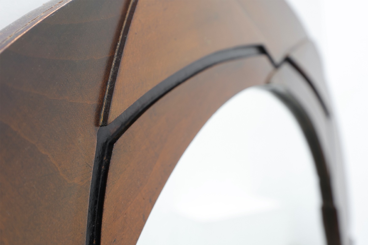 Belgian Art Deco Round Mirror With Geometric Wooden Frame, Circa 1920-photo-3