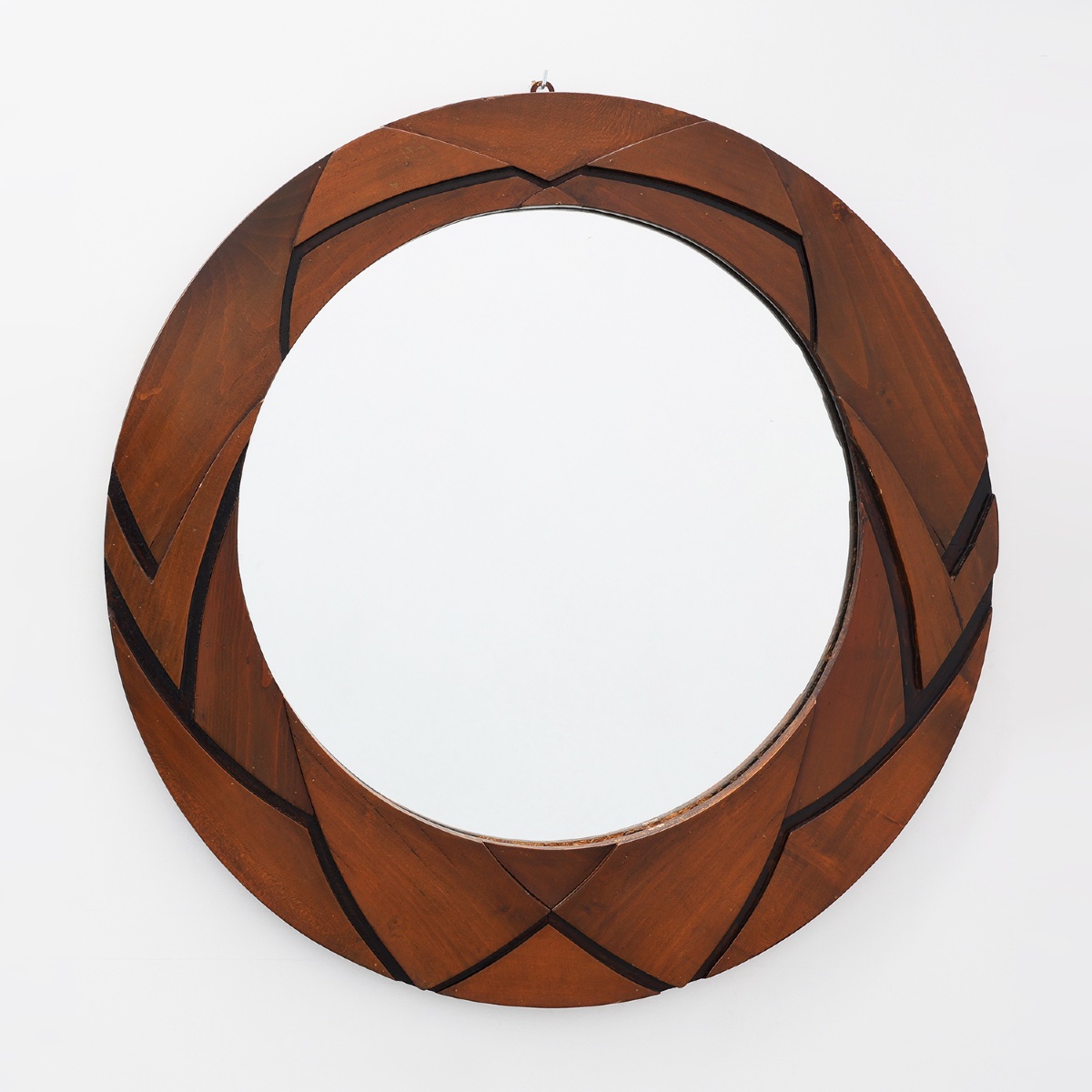 Belgian Art Deco Round Mirror With Geometric Wooden Frame, Circa 1920