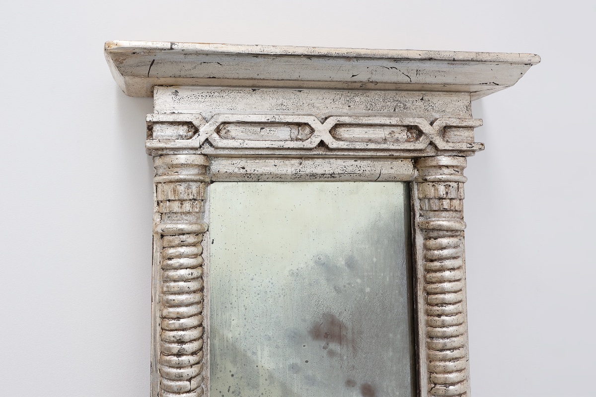 Neoclassical Silver Leaf Pier Mirror With Ringed Columns And Cornice, Italy, Ca. 1850-photo-3