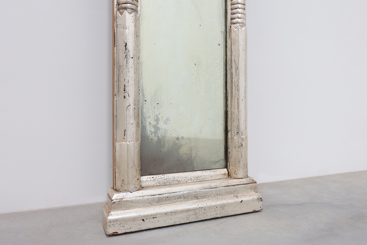Neoclassical Silver Leaf Pier Mirror With Ringed Columns And Cornice, Italy, Ca. 1850-photo-4