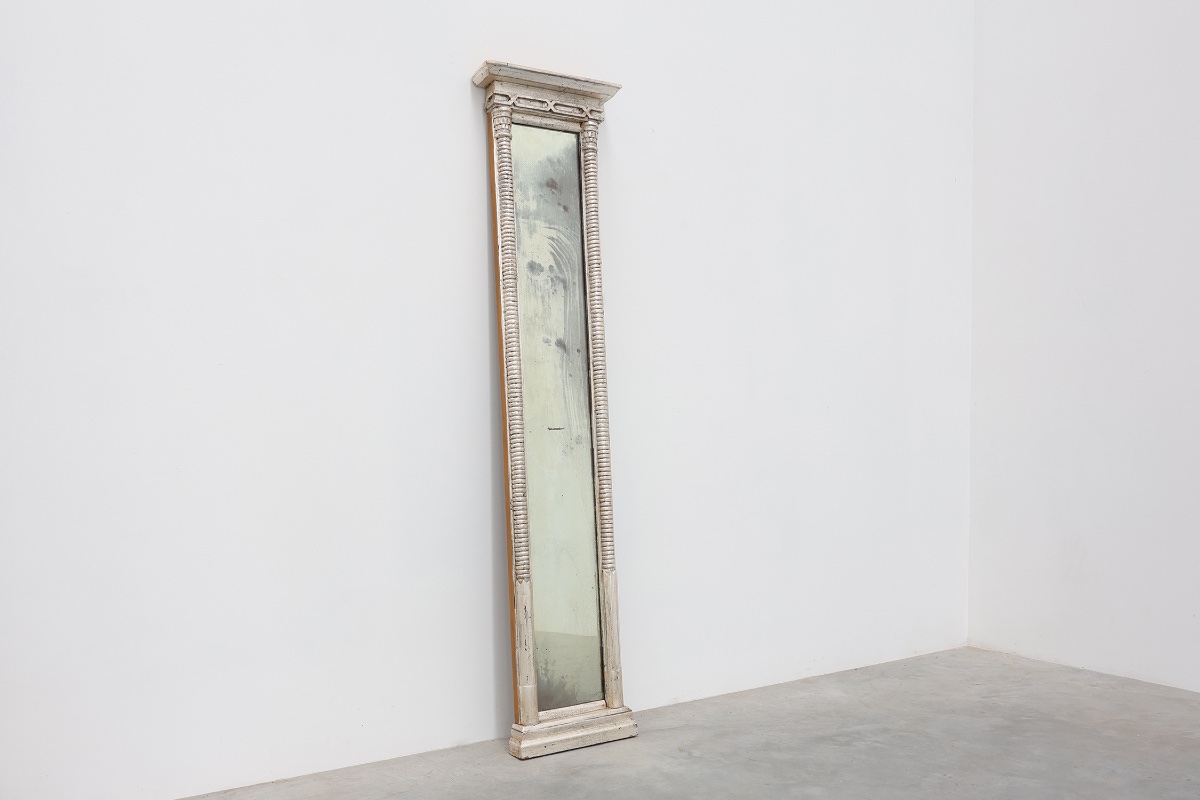 Neoclassical Silver Leaf Pier Mirror With Ringed Columns And Cornice, Italy, Ca. 1850-photo-1