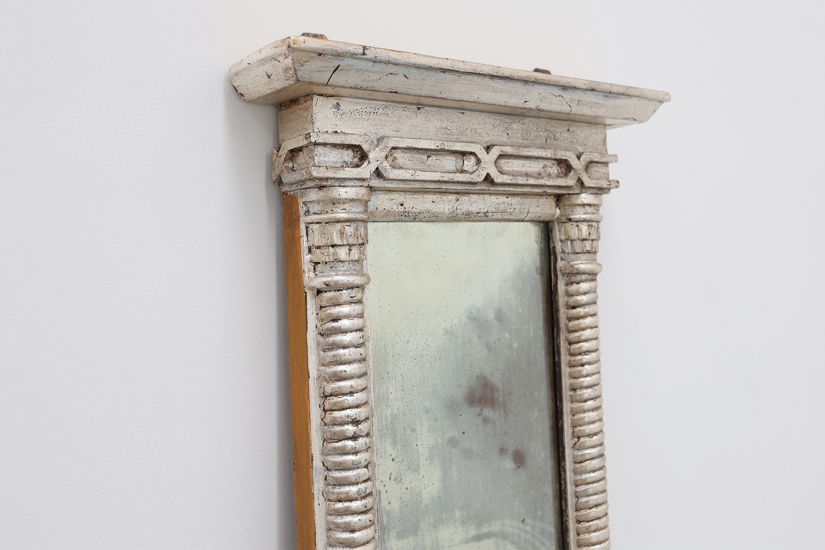 Neoclassical Silver Leaf Pier Mirror With Ringed Columns And Cornice, Italy, Ca. 1850-photo-2