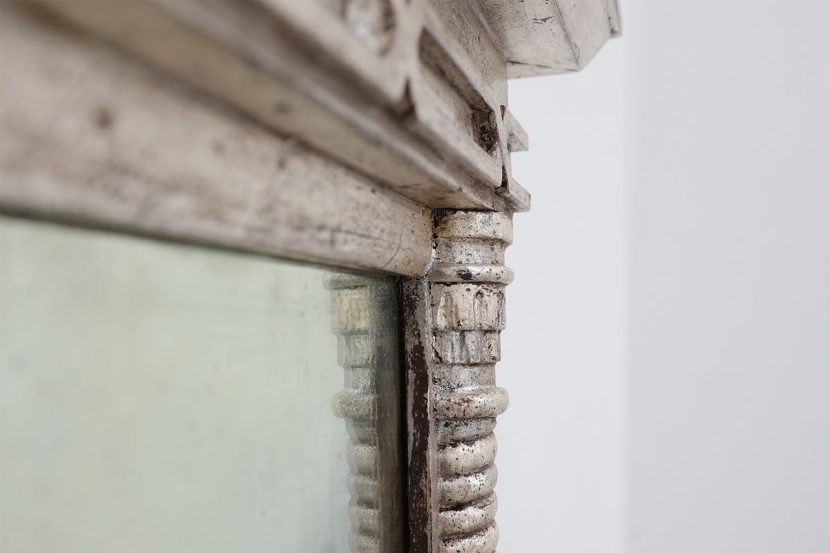 Neoclassical Silver Leaf Pier Mirror With Ringed Columns And Cornice, Italy, Ca. 1850-photo-3