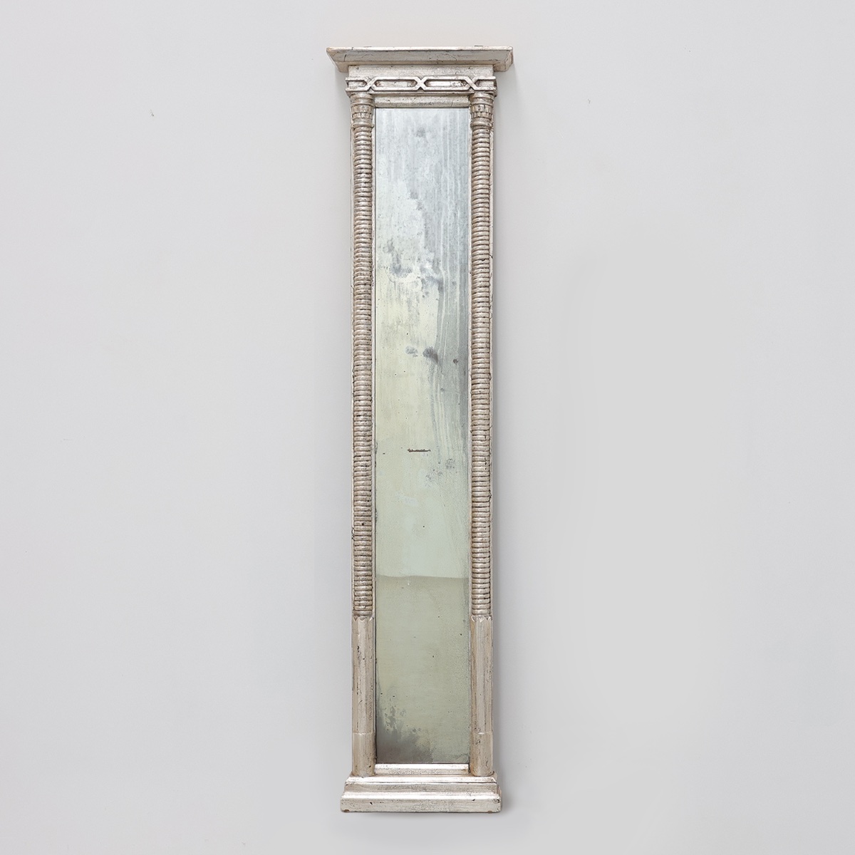 Neoclassical Silver Leaf Pier Mirror With Ringed Columns And Cornice, Italy, Ca. 1850
