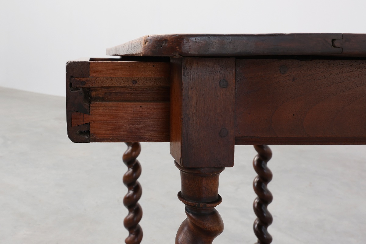 French Barley Twist Walnut Side Table With Drawer, Circa 1880-photo-2