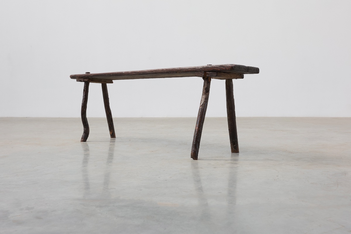 Banc rustique français en bois à pieds évasés, XIXe siècle-photo-6