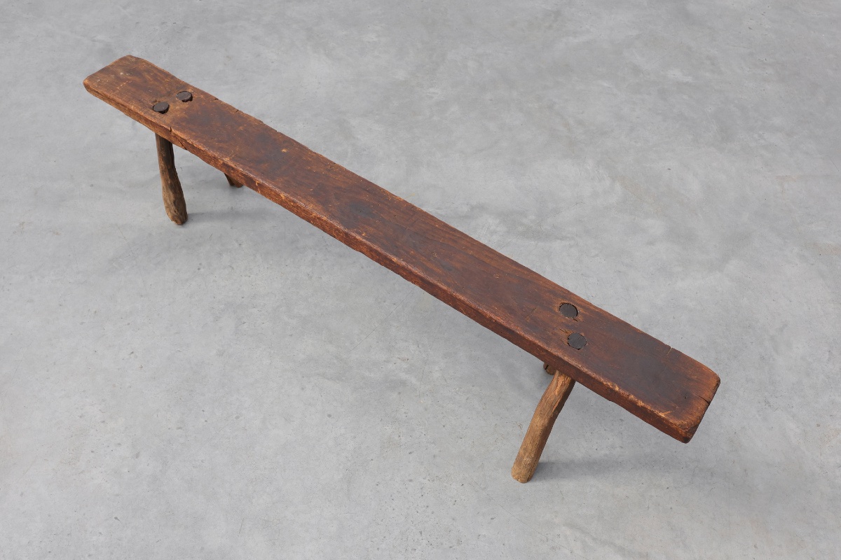 French Primitive Farmhouse Bench With Splayed Legs, 19th Century-photo-8
