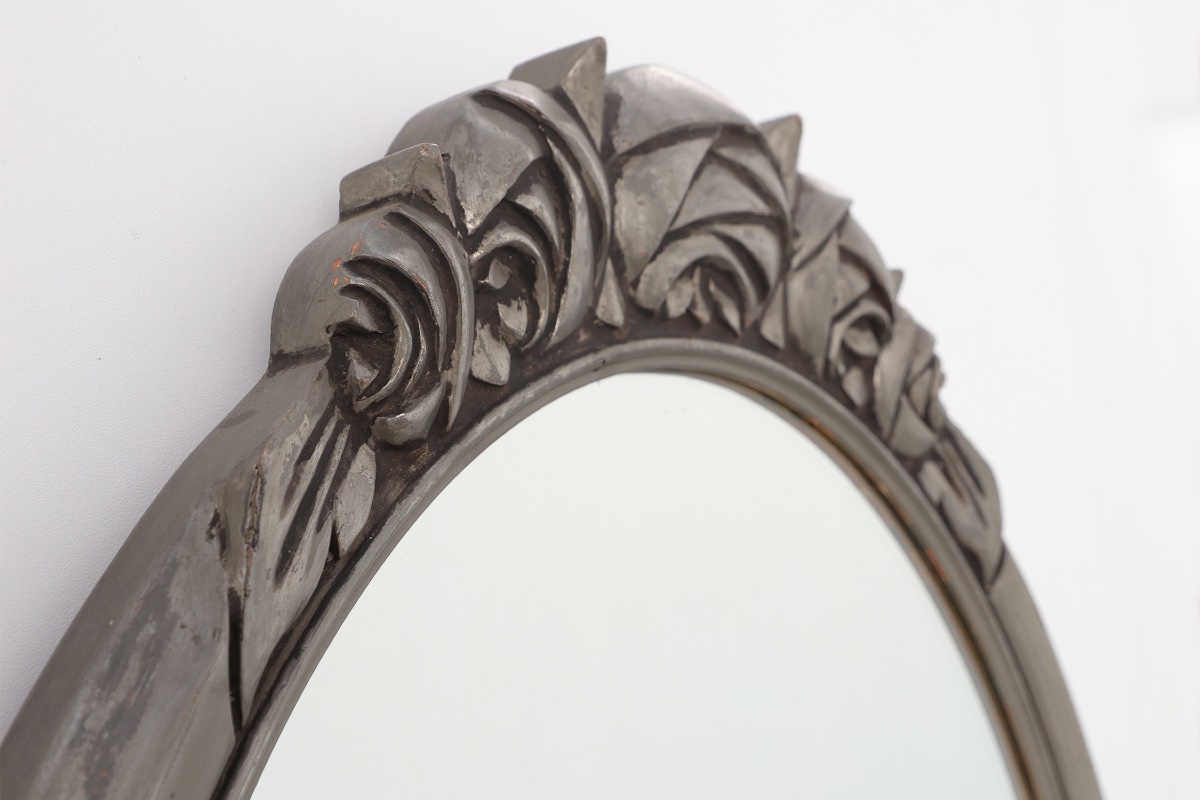 Miroir ovale Art Déco français, années 1920, orné de roses sculptées et d'un cadre argenté.-photo-3