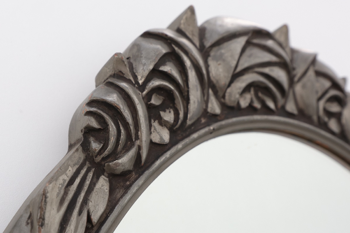 Miroir ovale Art Déco français, années 1920, orné de roses sculptées et d'un cadre argenté.-photo-5