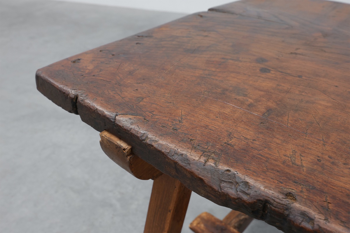 Table rustique espagnole à tréteaux avec tiroir et traverses en X, Espagne, XIXe siècle-photo-4