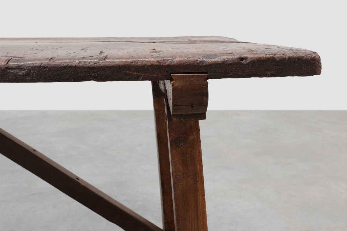 Table rustique espagnole à tréteaux avec tiroir et traverses en X, Espagne, XIXe siècle-photo-1