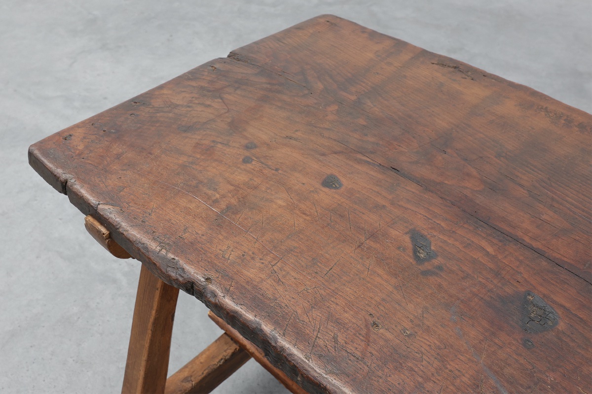 Table rustique espagnole à tréteaux avec tiroir et traverses en X, Espagne, XIXe siècle-photo-3