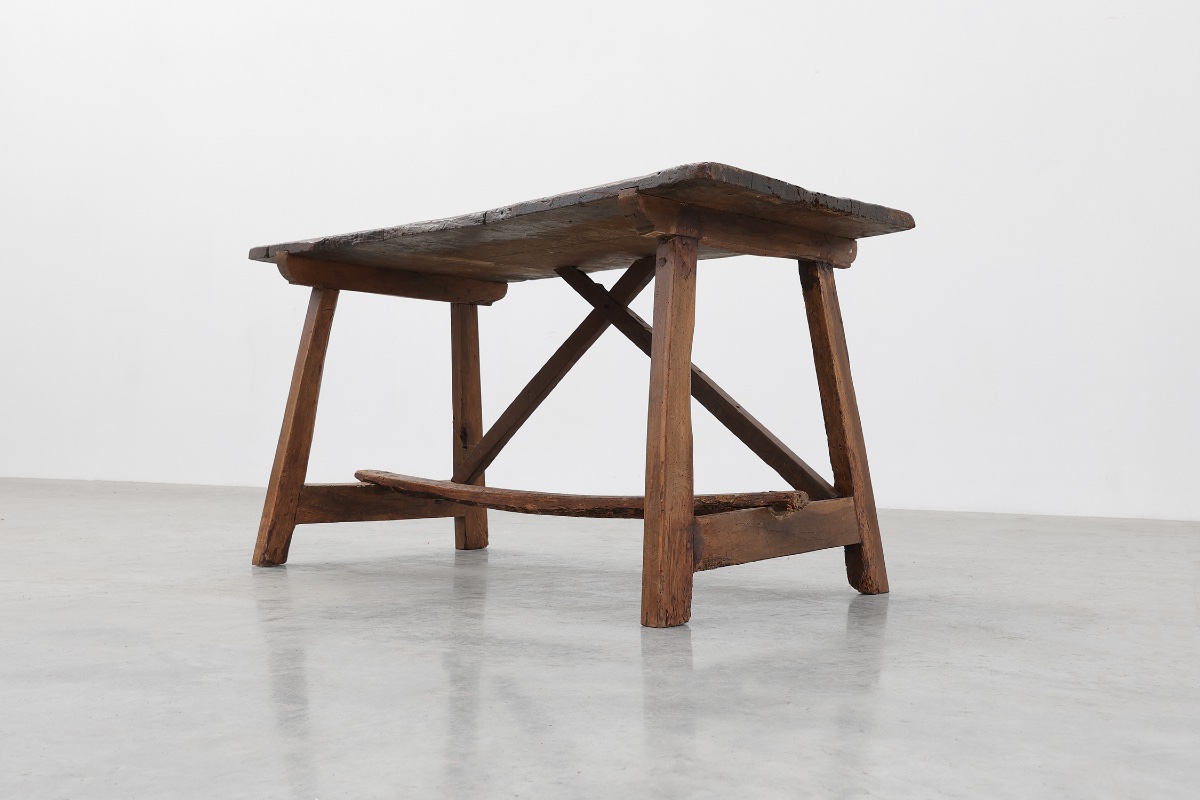 Table rustique espagnole à tréteaux avec tiroir et traverses en X, Espagne, XIXe siècle-photo-5