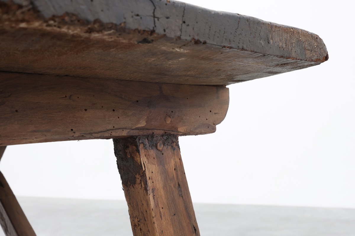 Table rustique espagnole à tréteaux avec tiroir et traverses en X, Espagne, XIXe siècle-photo-6