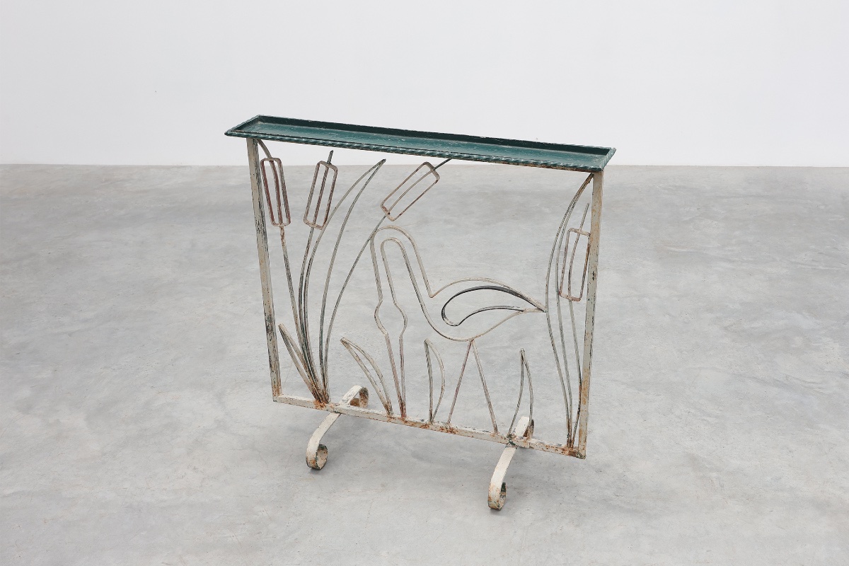Porte-plantes Art Déco en fer forgé orné d'un héron et de joncs, France, vers 1920-photo-6