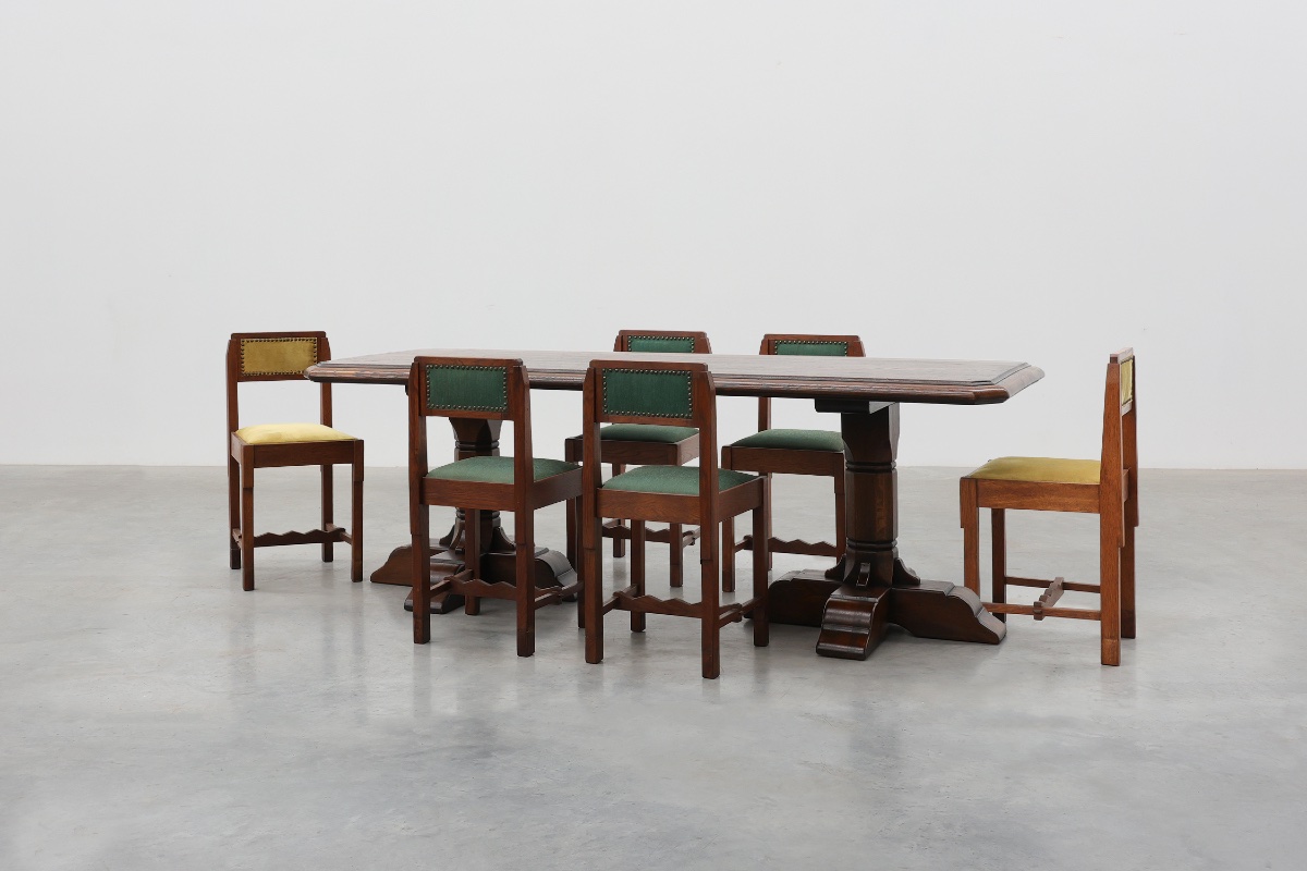 French Refectory Style Oak Dining Table With Turned Double Pedestal Base, 20th Century-photo-2