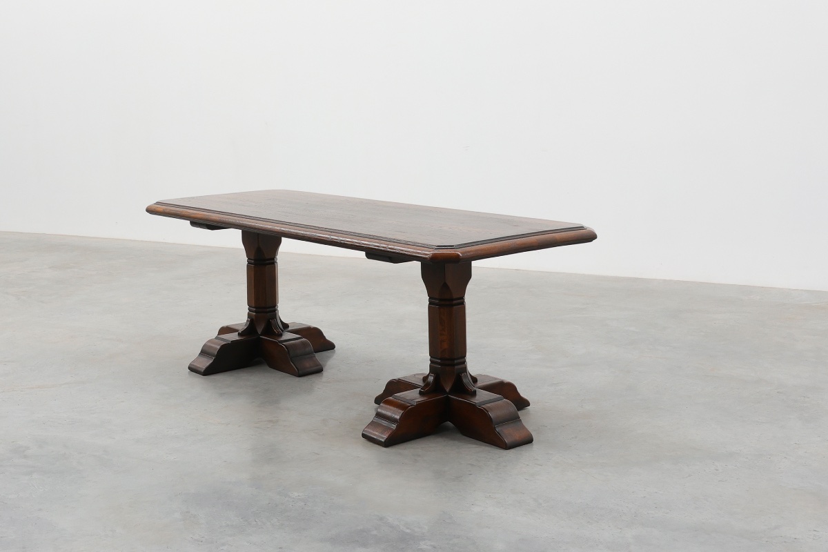 French Refectory Style Oak Dining Table With Turned Double Pedestal Base, 20th Century-photo-2